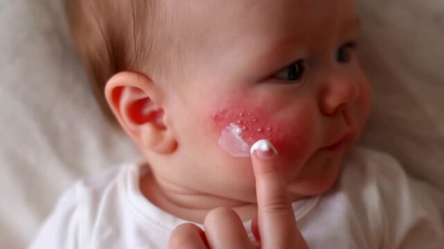 Caring for a baby's irritated skin with cream, highlighting the importance of gentle care and comfort. The image evokes a sense of tenderness and the baby's discomfort Stock Video
