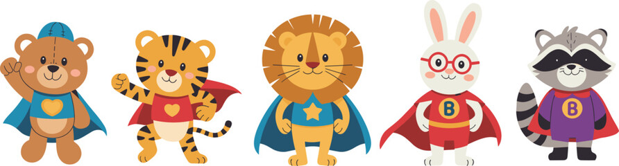 Superhero animal cartoon illustration set, bear tiger lion rabbit raccoon characters, kids costume art, heroic animal graphic pack