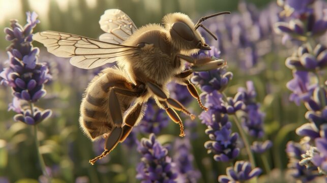 Close-up of a Honeybee Hovering Over Lavender Flowers in Sunlight