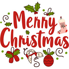 Merry Christmas Greeting Graphic With Red Text, Holly, Ornaments, and Stocking on Black Background