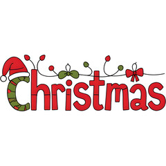 Christmas Greeting With Red Script Word And Festive Lights, Santa Hat, And Ribbons