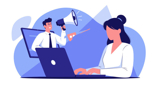 Marketing professional using a laptop and a megaphone for online promotion and communication