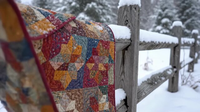 A quilt with colorful patches draped over a wooden fence in a snowy outdoor setting
