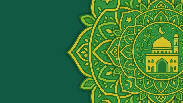 Animation background featuring Islamic mandala elements with mosque silhouettes, crescent moons, and decorative arabesque patterns, suitable for Ramadan, Eid, and spiritual video projects.