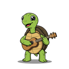 Happy, cute cartoon tortoise and funny frog illustration with a big smile on a green background