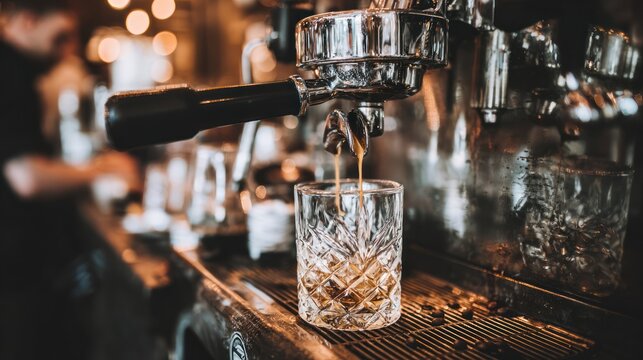 Close-up of Espresso Machine Pouring Coffee Into Crystal Glass in Coffee Shop