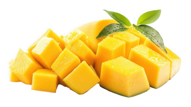 Fresh mango cubes with green leaves isolated on transparent background