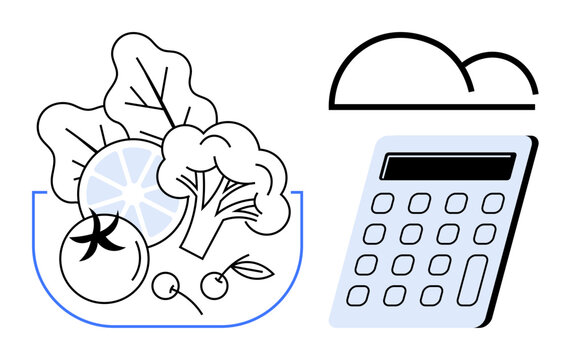 Fresh salad vegetables thumbs up tomato, broccoli, and lettuce beside digital calculator and abstract cloud. Ideal for nutrition, cooking, budgeting, healthy lifestyle, diet planning, food tracking