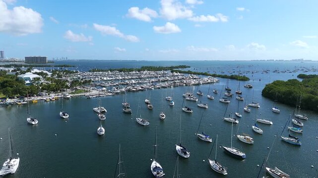 Top view of crowded marina bustling with many different motor yachts in Coconut Grove, Florida. Background of Miami skyline and blue water of Atlantic ocean