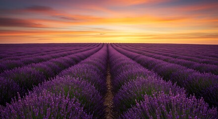 Fototapeta premium Lavender Field at Sunset - A Serene Landscape of Purple and Gold.