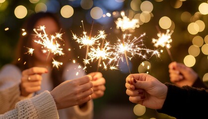 Joyful friends celebrating a special moment, holding bright sparklers with bokeh lights creating a magical, festive atmosphere for any occasion