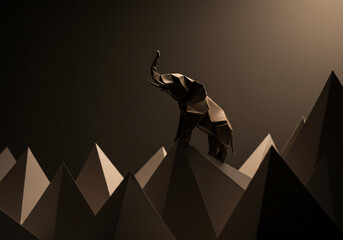 Origami elephant standing atop origami mountains, set against a dark, gradient background with dramatic lighting and a sense of adventure.