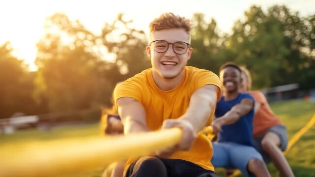 Smiling diverse youth group engaged in outdoor tug of war activity