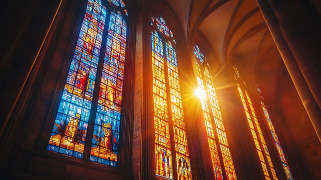 Sunlight streaming through stained glass windows in a majestic gothic cathedral interior - Powered by Adobe