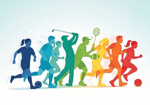 Colorful Silhouette Athletes in Motion Representing Multiple Sports and Fitness Activities