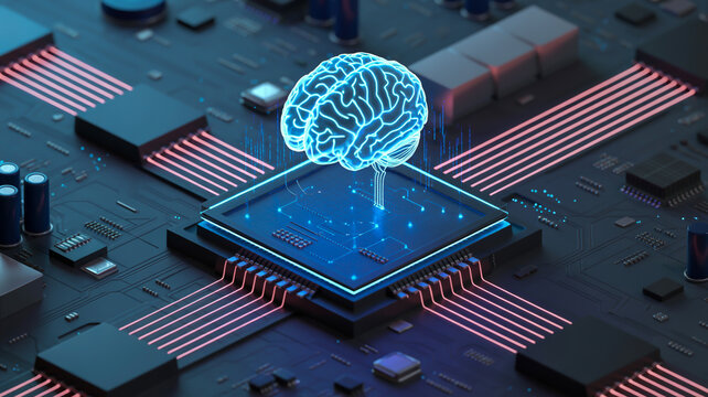 Photorealistic 3d render of a glowing blue artificial intelligence brain on a futuristic computer circuit board with pink data lines