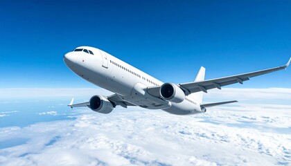 Obraz premium Airplane Flying Above Clouds in Bright Blue Sky