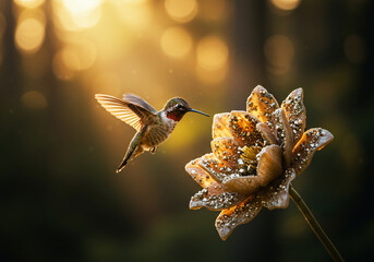 A hummingbird with iridescent plumage hovers near a flower, its long beak reaching for nectar, bathed in warm, golden sunlight.