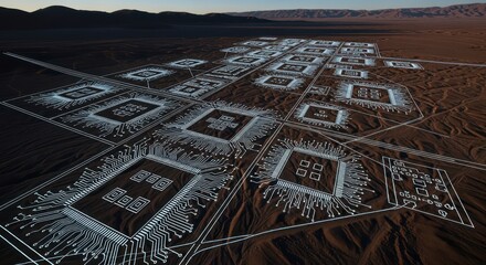 Digital dust: Desert landscape with circuit board motifs mirroring technology in nature