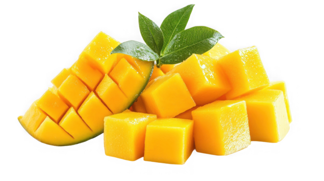 Fresh mango cubes with leaf isolated on transparent background, a tropical treat