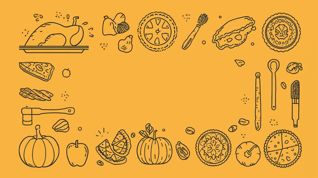 A festive illustration featuring various food items like turkey, pie, and pumpkin, arranged in a decorative border against a warm yellow background.