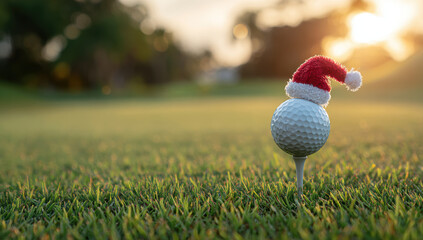 Golf ball with Santa hat on tee on green grass field at sunset with blurred background creating festive mood