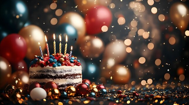 Birthday balloons and cake. - Powered by Adobe