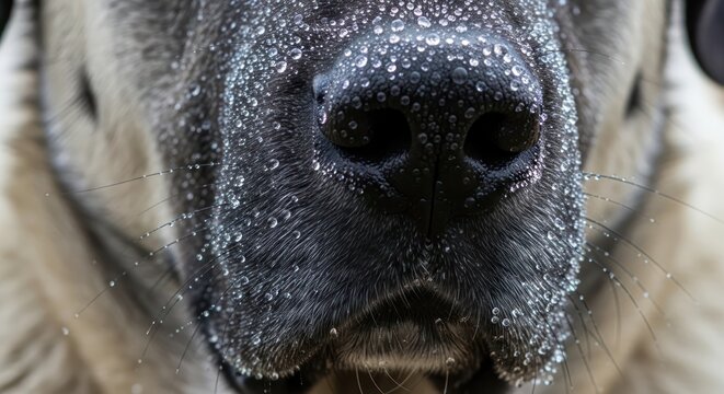 Close-up of a wet dog nose featuring sparkling water droplets conveying a sense of freshness