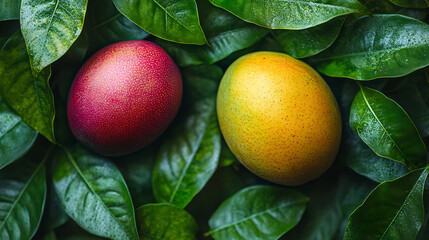 Two fresh mango fruits surrounded by vibrant green leaves representing tropical harvest and natural goodness