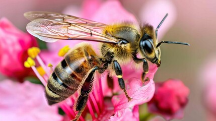 Close-up of Honeybee on Pink Flower with Yellow Pollen in Natural Setting