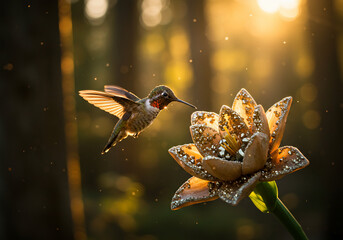A hummingbird with outstretched wings approaches a flower, possibly to drink nectar, in a sun-drenched forest setting.