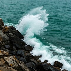 Powerful Ocean Wave Crashing Against Rocky Shoreline.