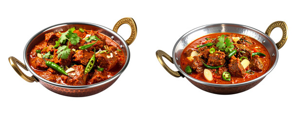 Traditional Pakistani Mutton Karahi Served in Metal Wok Isolated on White Background (Transparent PNG)
