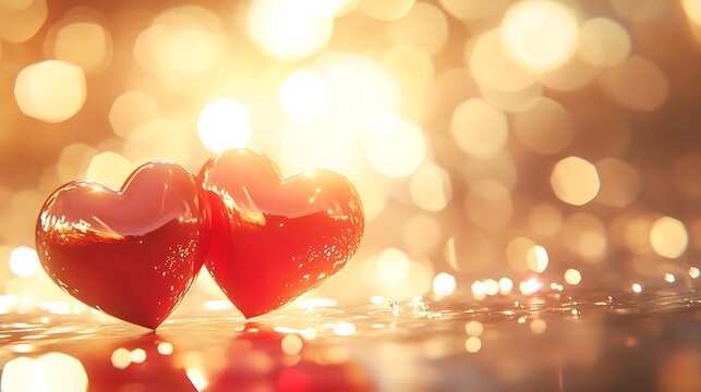 Two red hearts sparkling with golden bokeh lights for valentines day romantic celebration or anniversary