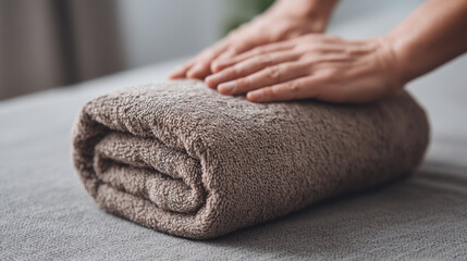 Soft brown towel folded neatly on gray surface with hands gently pressing it, evoking calm and cozy feeling of comfort and care
