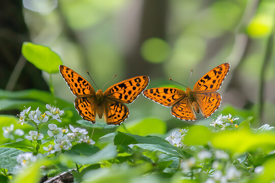 Two stunning silver washed fritillary butterflies hovering gently over wildflowers in a lush green meadow