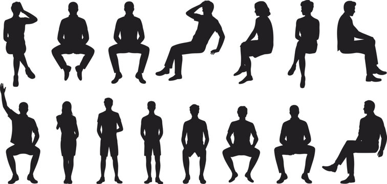 WebHuman silhouettes, seated and standing poses, black vector people, posture variety, gesture icons, body language, white background, minimal style, character design, ergonomic reference