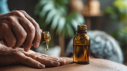 Essential oil dropper bottle with natural oil being applied on hand, creating calming and soothing atmosphere in cozy setting