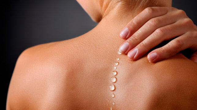 Moist skin with water drops on back and hand gently touching, symbolizing hydration and skin care with natural freshness and softness