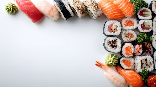 Japanese cuisine minimalist sushi platter presentation captured in top-down food photography