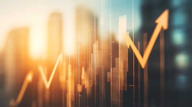Upward trending financial chart and growth diagram overlaid on city skyline with golden light