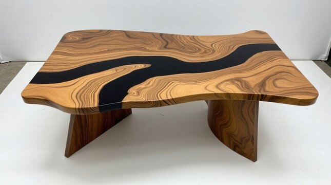 Modern live edge wood table featuring black epoxy river inlay