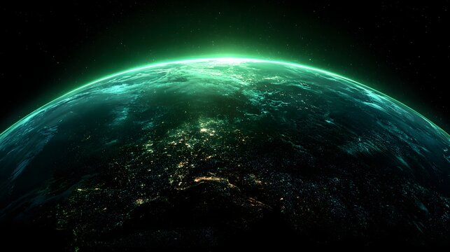 Curved horizon of a vibrant planet glows with an ethereal green atmospheric layer above dark continents dotted with city lights