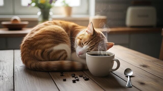 Cozy Ginger Cat Sleeping Soundly by Steaming Coffee Cup on Rustic Kitchen Tablefront.