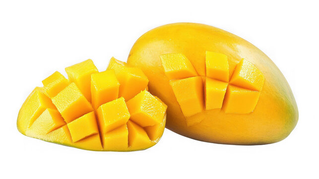 Fresh ripe mango fruit with cubes isolated on transparent background, diet food