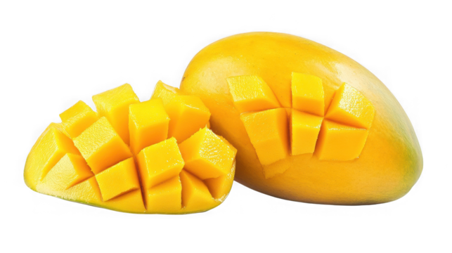 Fresh ripe mango fruit with cubes isolated on transparent background, diet food
