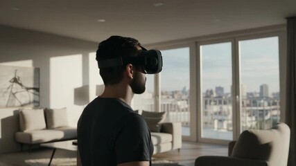 Man wearing virtual reality headset in modern living space - Powered by Adobe