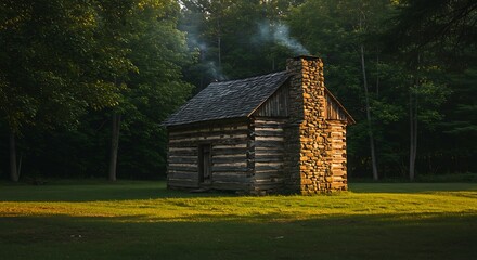 Rustic Log Cabin with Smoking Chimney in a Forest Clearing at Sunset.