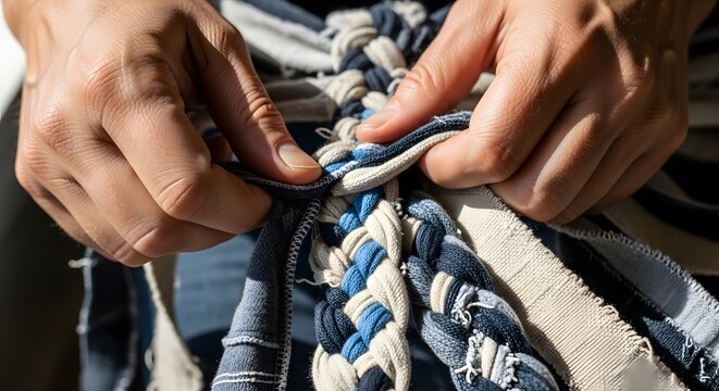 Hands weaving a textured fabric with blue and white threads