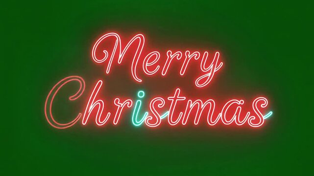 Festive Neon Sign Displaying 'Merry Christmas' in Red and Blue Hues on a Dark Green Background